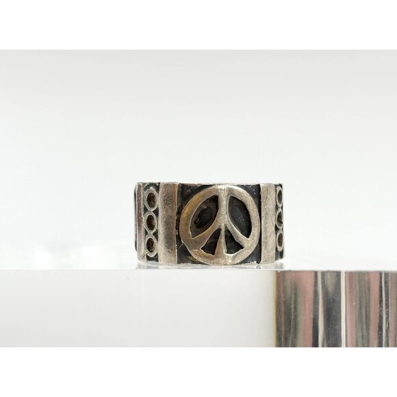 Taxco Mexico Peace Sign Cigar Banded 925 Sterling Silver Vintage Ring - sz 8.75 - Picture 12 of 13